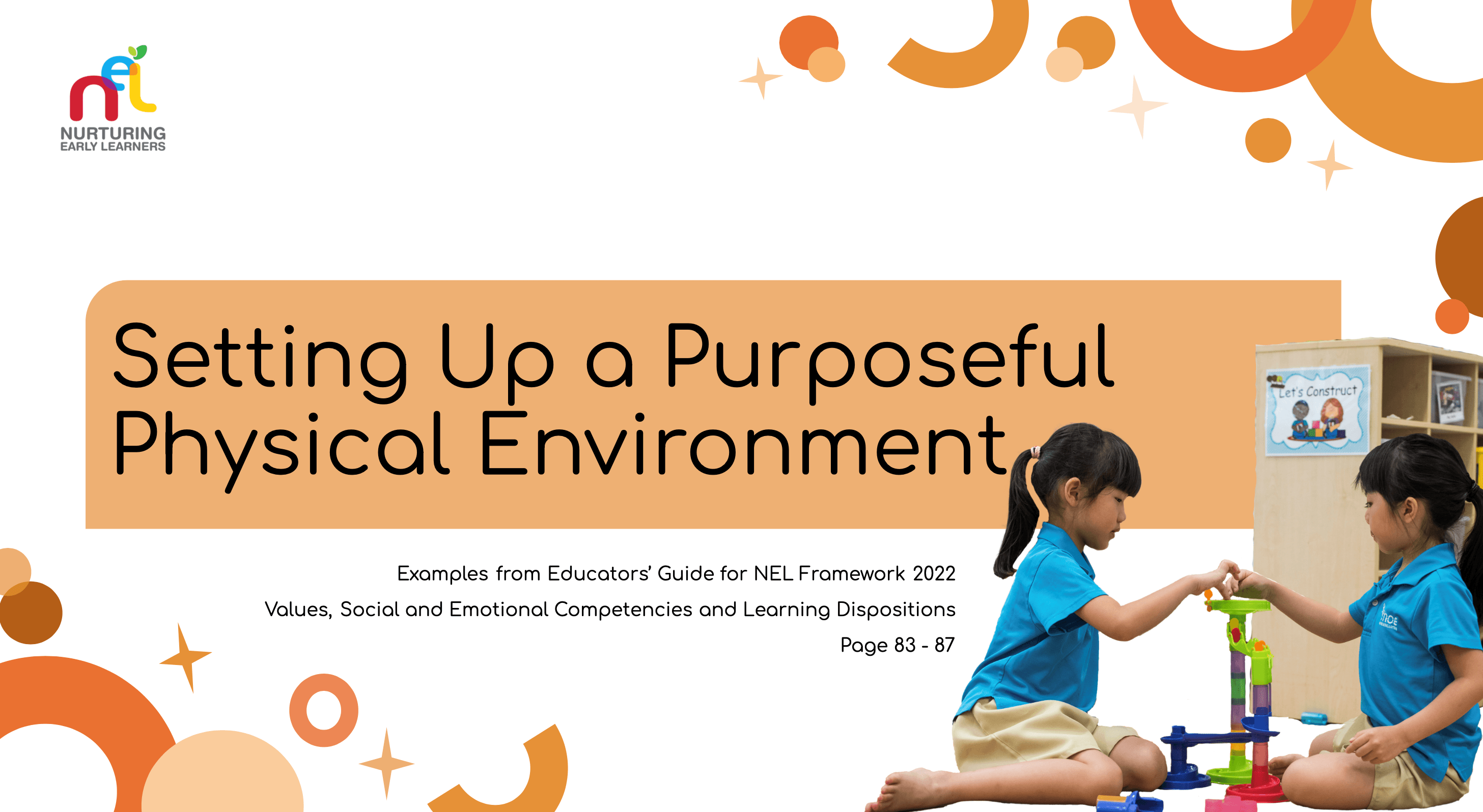 slides on setting up a purposeful physical environment with image of children playing with building blocks 